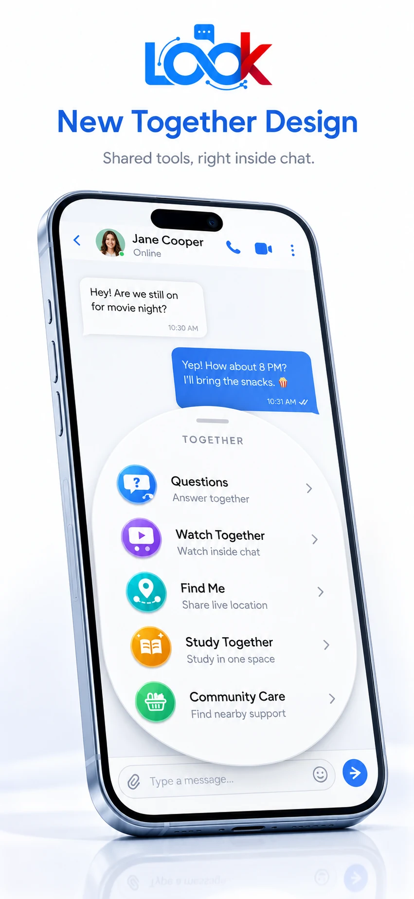 Together Tools inside a LOOK chat — questions, watch, maps, study, care